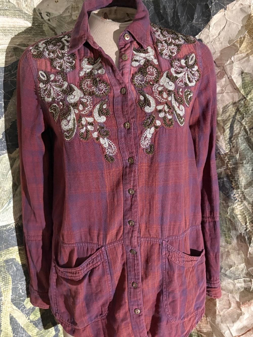 Free People Stevie's Plaid Embellished Buttondown Shirt